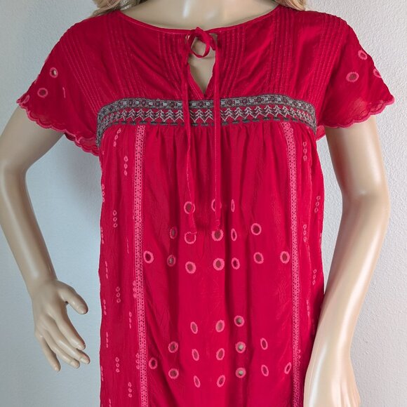 Johnny Was Dress Women's Small Red Eyelet Embroidered Scalloped V-Neck Babydoll - Picture 7 of 16